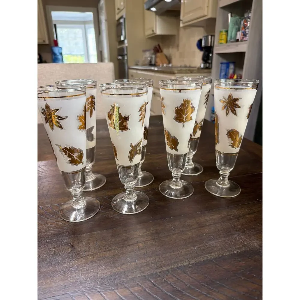 MCM Vintage 1960s Libbey Frosted Tom Collins Glass Gold Foliage Pattern 7